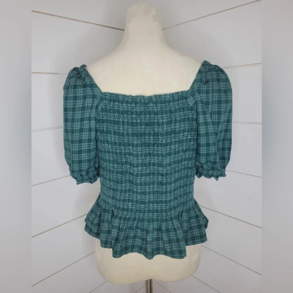 J.Crew Green Plaid Smocked Peplum‎ Top Puff Sleeve Square Neck Women’s Small